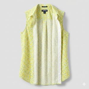 Lands End Lemon Print Sleeveless Button Up 100% Cotton Blouse Large Summer Women